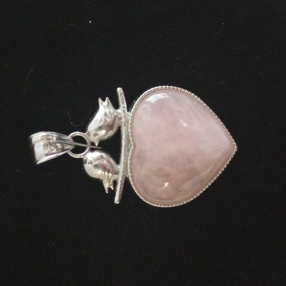 Silver Plated Rose Quartz Heart Pendant with Birds